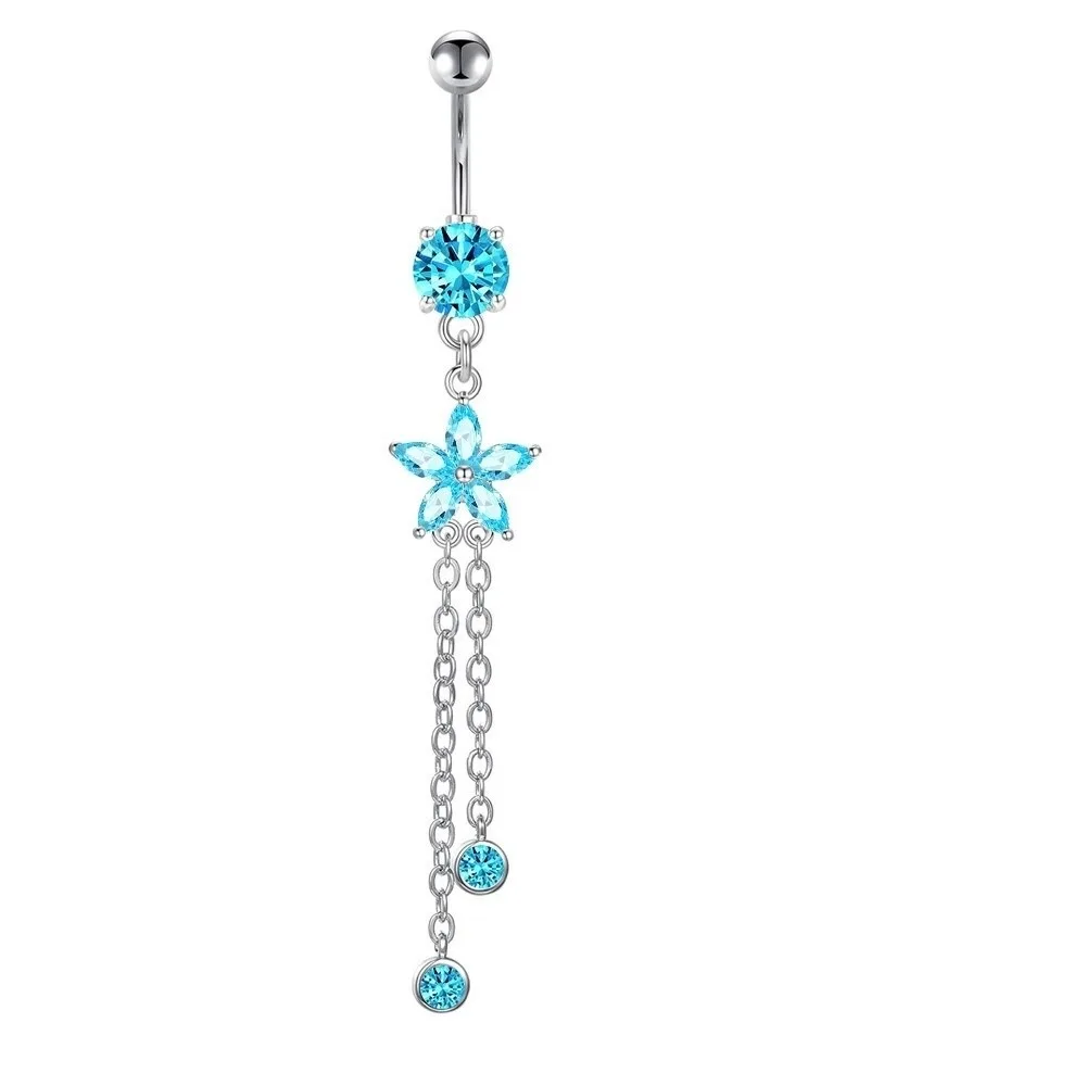 Shiny Flower Zircon Navel Ring Stainless Steel Colorful Belly Button Ring Hip Hop Rhinestone Body Piercing Jewelry Girl