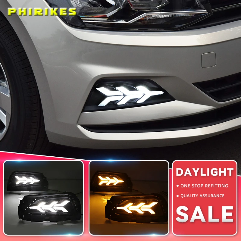 

2PCS LED Daytime Running Light For For Volkswagen Polo 2018 2019 Dynamic Yellow Turn Signal 12V DRL Fog Lamp Decoration