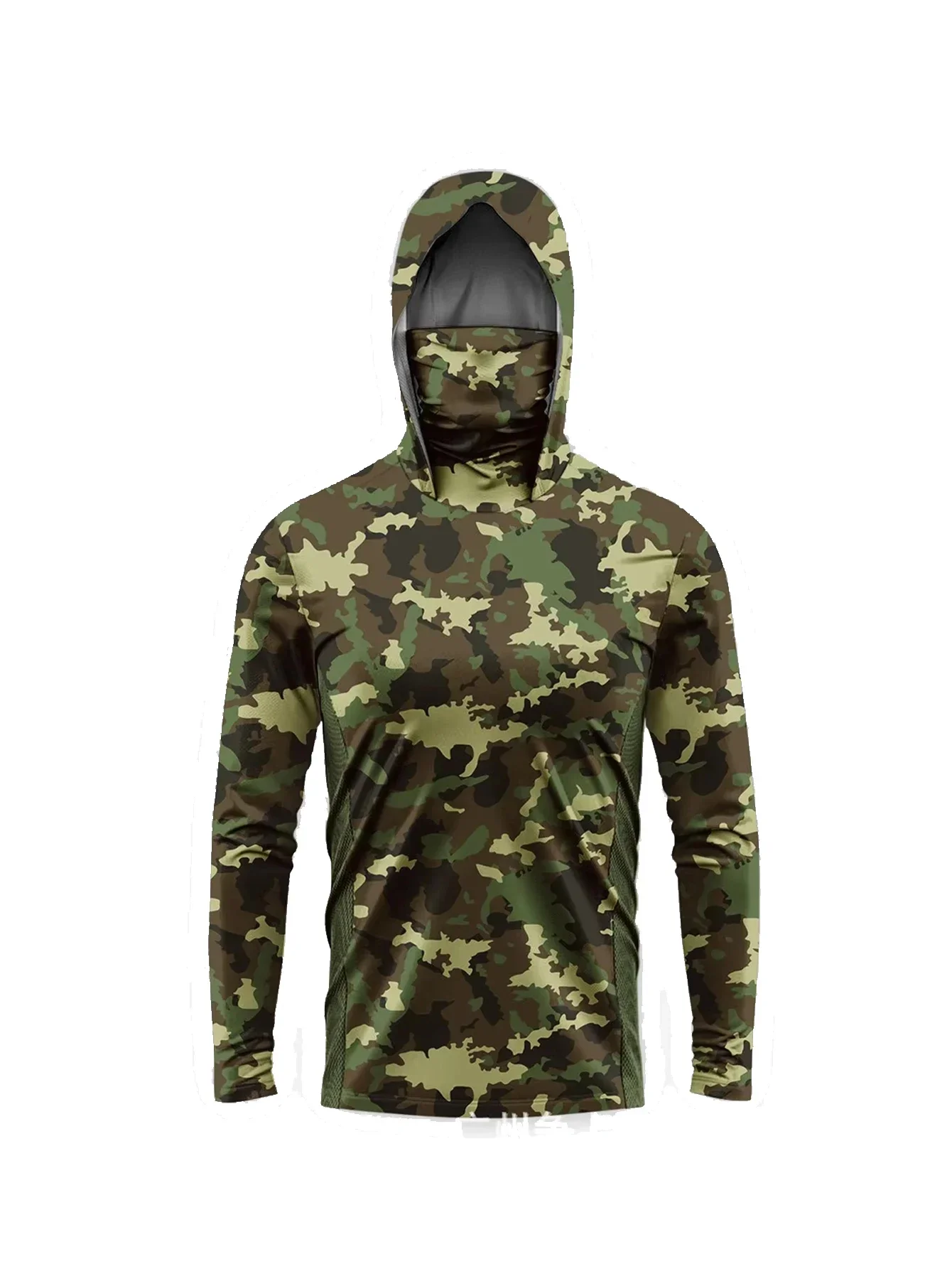 UPF50+ Sonnenschutz-Hoodie für Männer zum Angeln, Militär-Dschungel-Camouflage-Druck, Gesichtsmaske, schnelltrocknend, leichtes Angel-T-Shirt – Detail 2