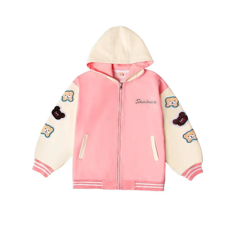 Spring Autumn Girls Bomber Jackets Kid Hooded Outerwear Pink Baseball Uniform Children Loose Varsity Jacket Coat 4 6 8 10 11 12Y