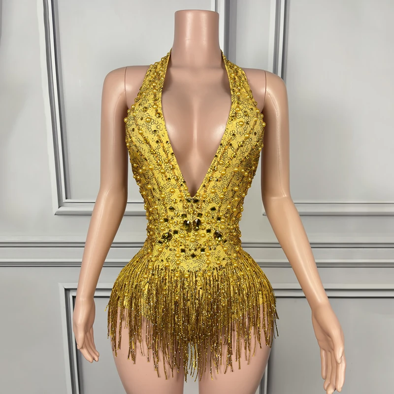 2024 Sexy Nightclub Bar Ds Performance Dress Gogo Leading Dance Dress Gold Tassel Deep V Hanging Neck Jumpsuit Shorts DN18866