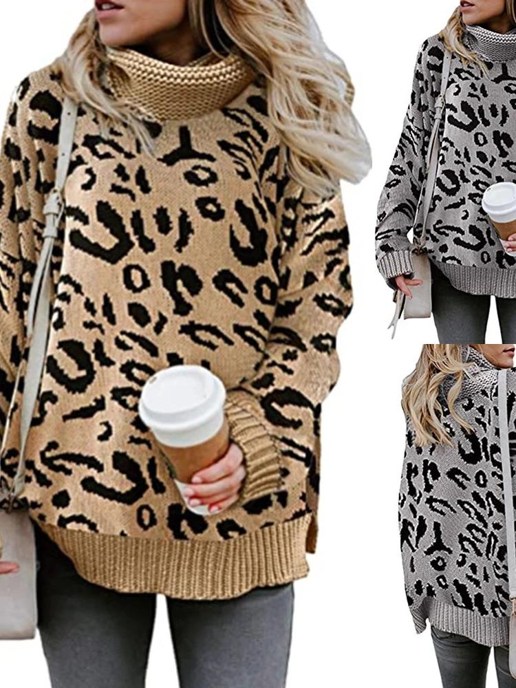 Casual Knitting Sweater Women\'s Leopard Print Turn-down Coiiar Long Sleeve Tops Autumn Winter New Casual Pullover Sweaters 2024