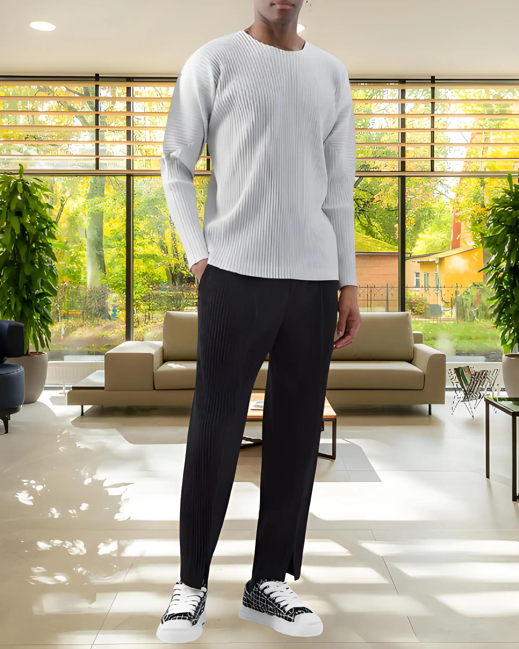 

Miyake Autumn and Winter New Long-sleeved Crew Neck Pleated Pleated T-shirt Casual Classic Pleated Loose Japanese Men's Top