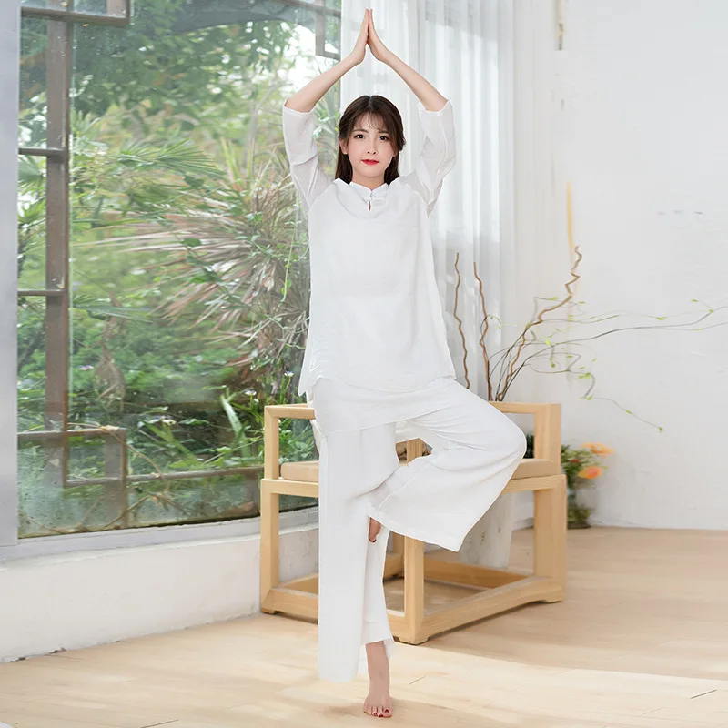 Sommer Frauen Yoga Set Tai Chi Kampfkunst Uniformen Lose Breite Bein Yoga Hose Yoga Hemd Kung Fu Meditation Anzug übung Kleidung