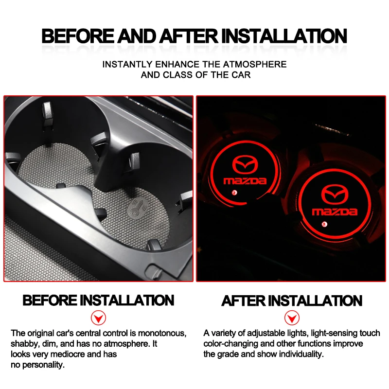 2PCS Car Coasters Anti-slip Fluorescence Cup Holder Mat For Mazda 6 CX8 CX9 MS Demio MPS Miata RX7 RX8 626 GH GJ GL MX3 BM BL BK