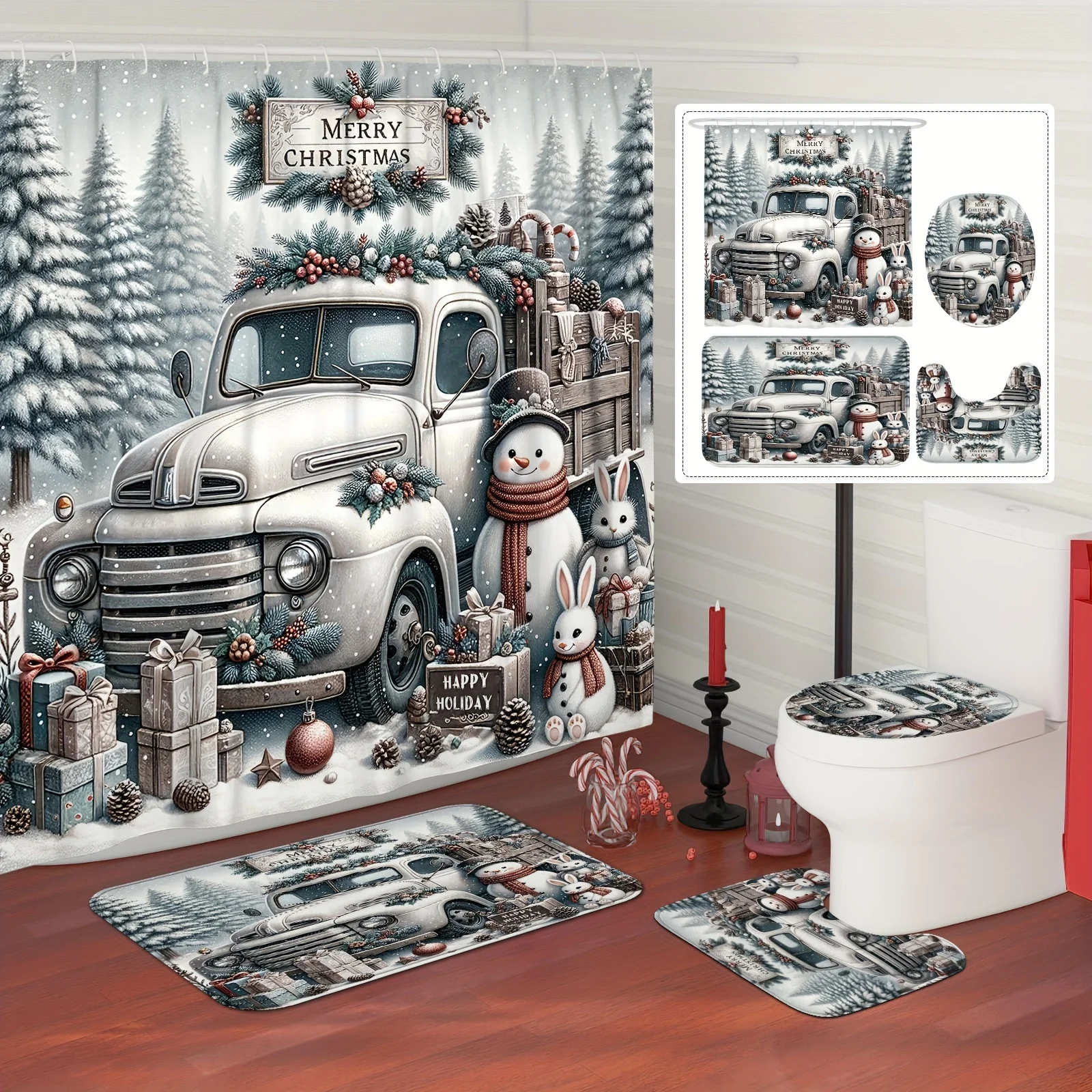 

4Pcs Xmas Bath Set, Snowman Truck Forest Theme, Silver Rabbit, Machine Washable, 12 Hooks, Non-Slip Mat, U-Shaped Toilet Cover