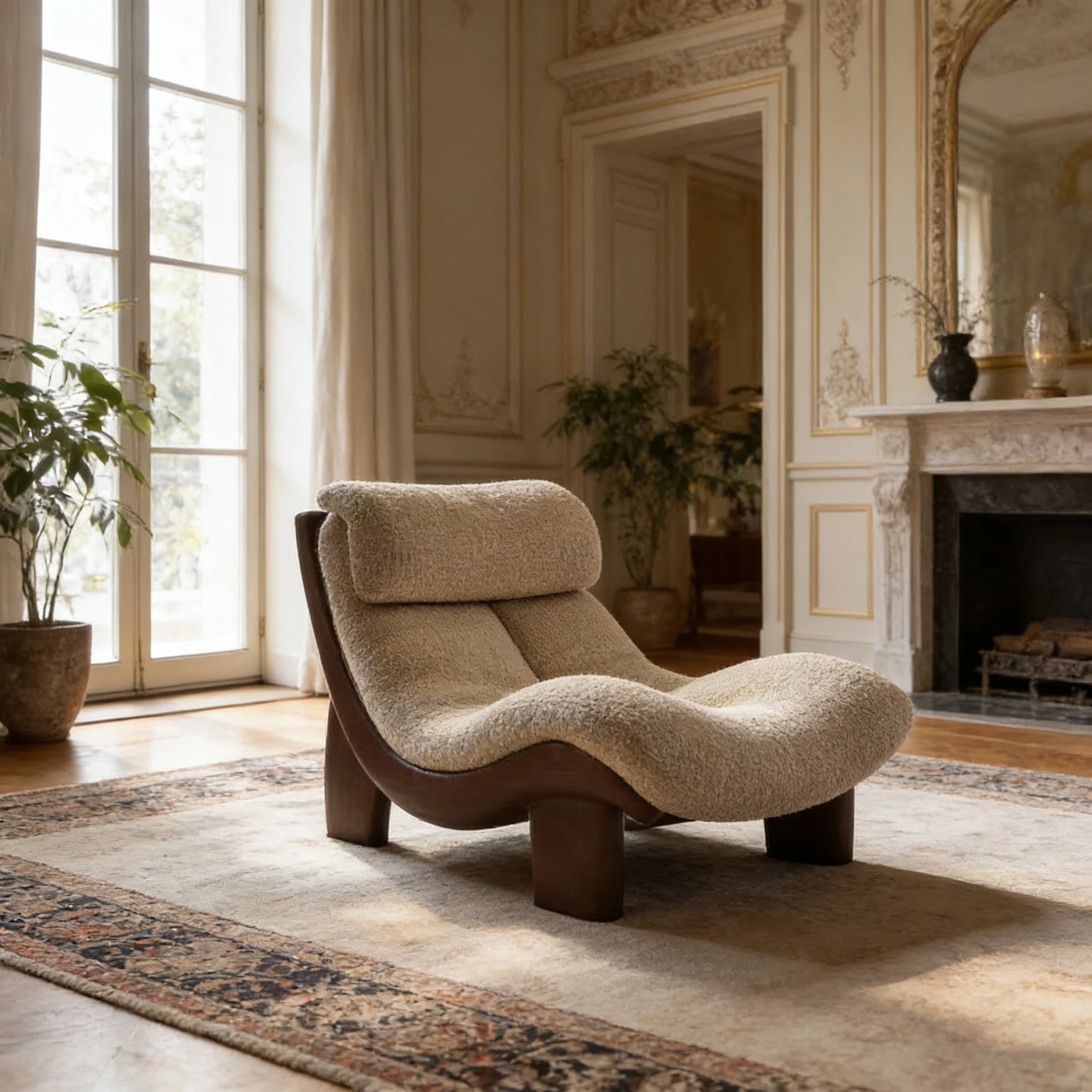 A*-Designer Wavy Solid Wood Leisure Chair, Teddy Fleece Lazy Recliner, Mid-Century Retro Single Sofa for Home
