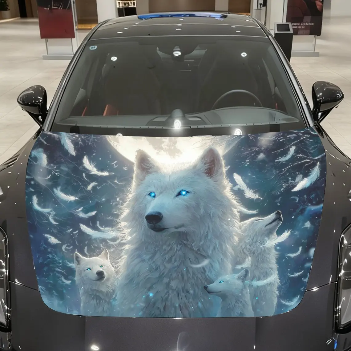 ملصقات غطاء السيارة ذات العيون الزرقاء على شكل قمر ليلي وولف أبيض، ملفوفة في ملصقات الفينيل الملونة، مناسبة لجميع السيارات، غطاء محرك السيارة المزخرف Pa #1