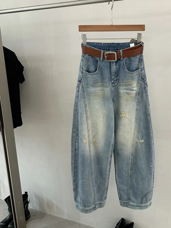 

High Waist Loose Fit Wide Leg Jeans Women's High End European Style Washed Diamond Blade Denim Spring 2026 Belt Included
