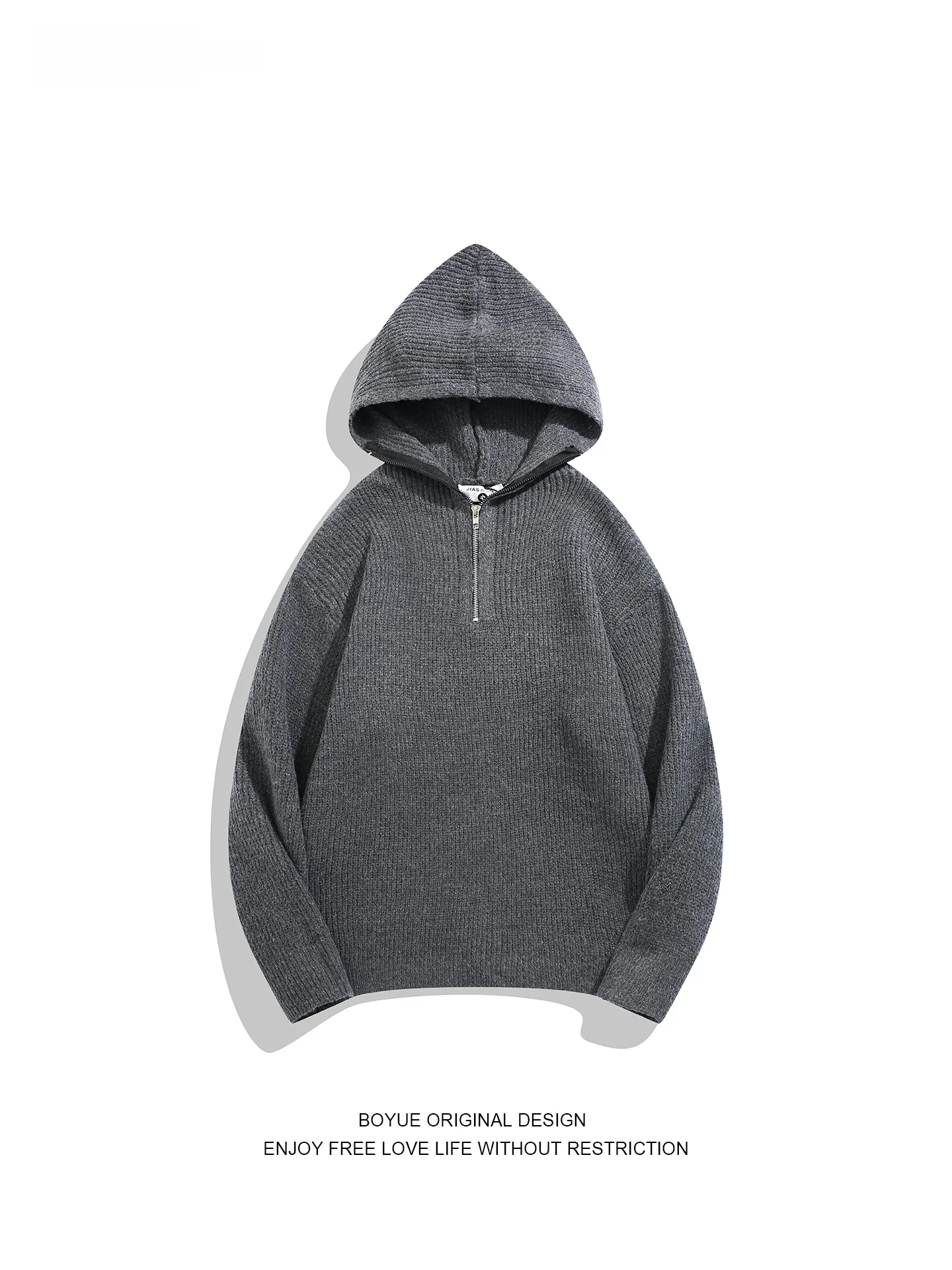 

Boyue Pure Color Hooded Knitted Sweater f Zip ex Base Layer Thermal Casual Wear Polyester Fiber Winter Long Sve