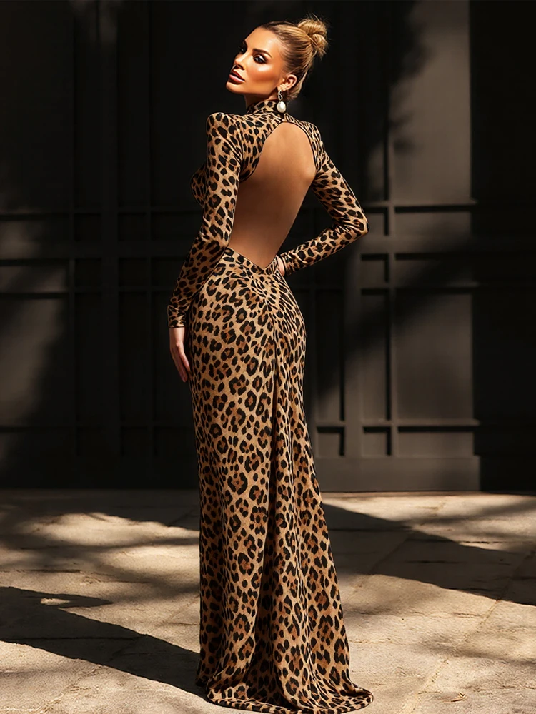 Nibber Leopard Print Maxi Dress Women Backless Full Sleeve Turtleneck Peach Butt Folds Skinny Fashion Elegant Banquet Vestidos