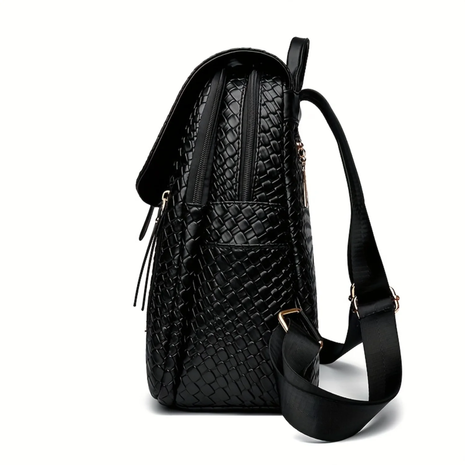 Woven Flap Backpack, Simple Vegan Leather Knapsack, Versatile Daypack Schoolbag For Work, Travel