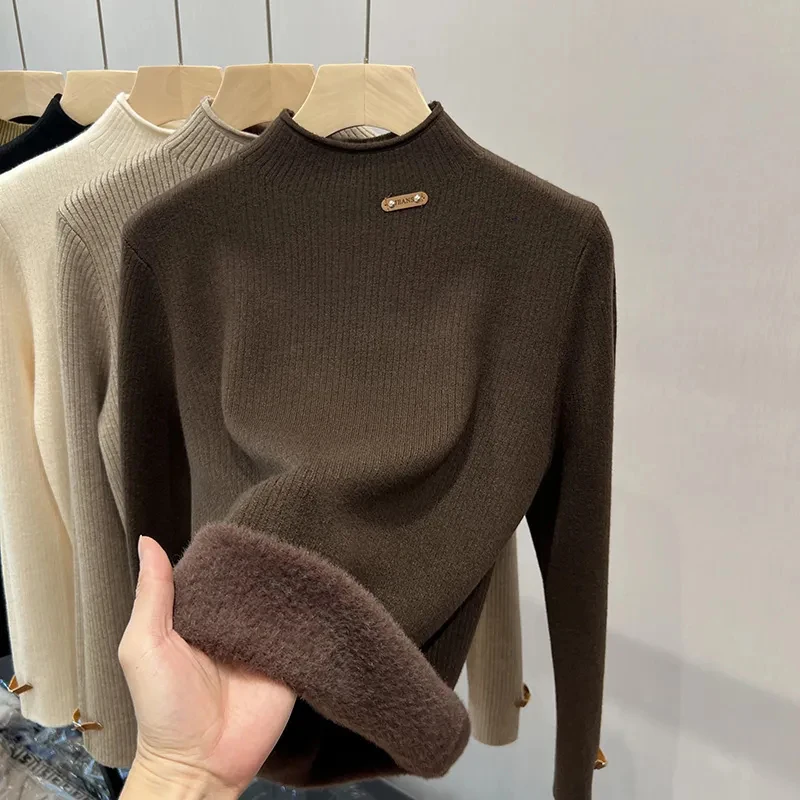 Half High Collar Plus Velvet Slim Warm Pullover Sweater Women Solid Color All-match Soft Knitted Sweater Korean Fashion Soft Top