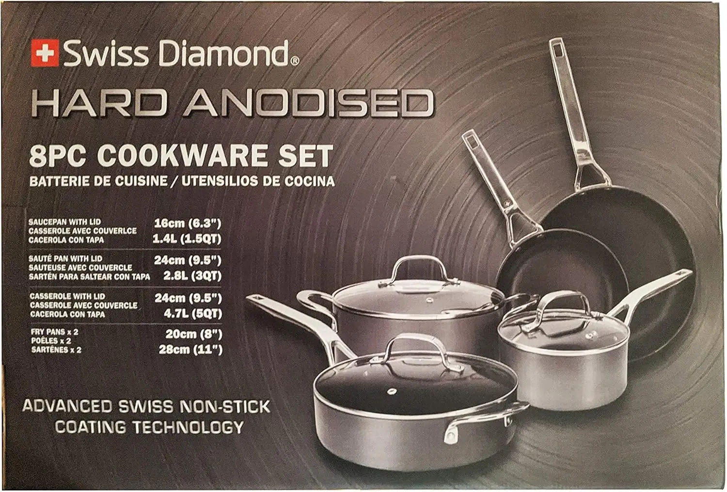 Swiss Diamond Hard Anodized 8 Piece Cookware Set, Nonstick Diamond Coated Hard Anodized Aluminum Cookware Set, Includes Lids,