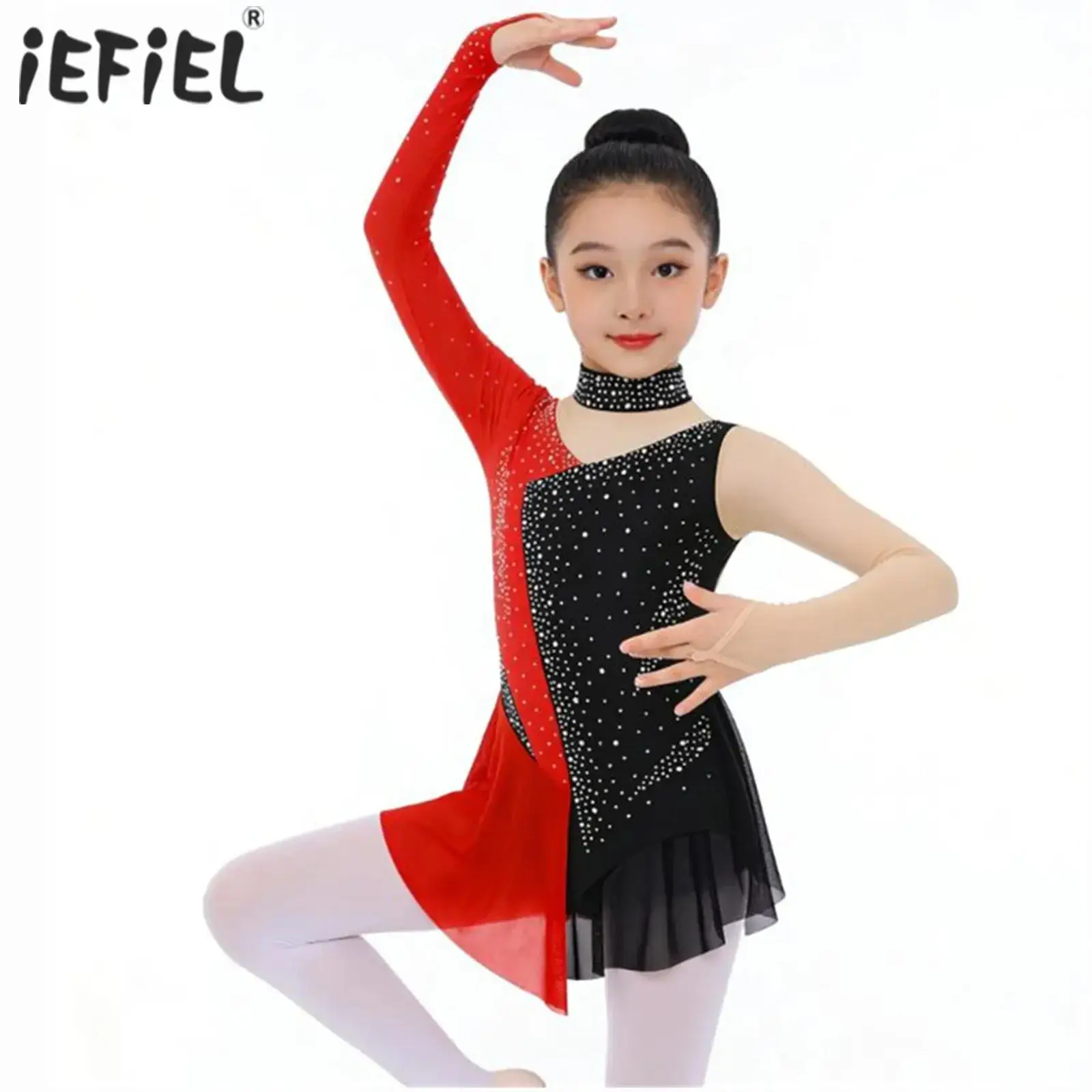 

Kids Girls Sparkly Rhinestone Ballet Jersey Leotard Sheer Mesh Bodysuit Gymnastics Artistic Figure Skating Performance Costume