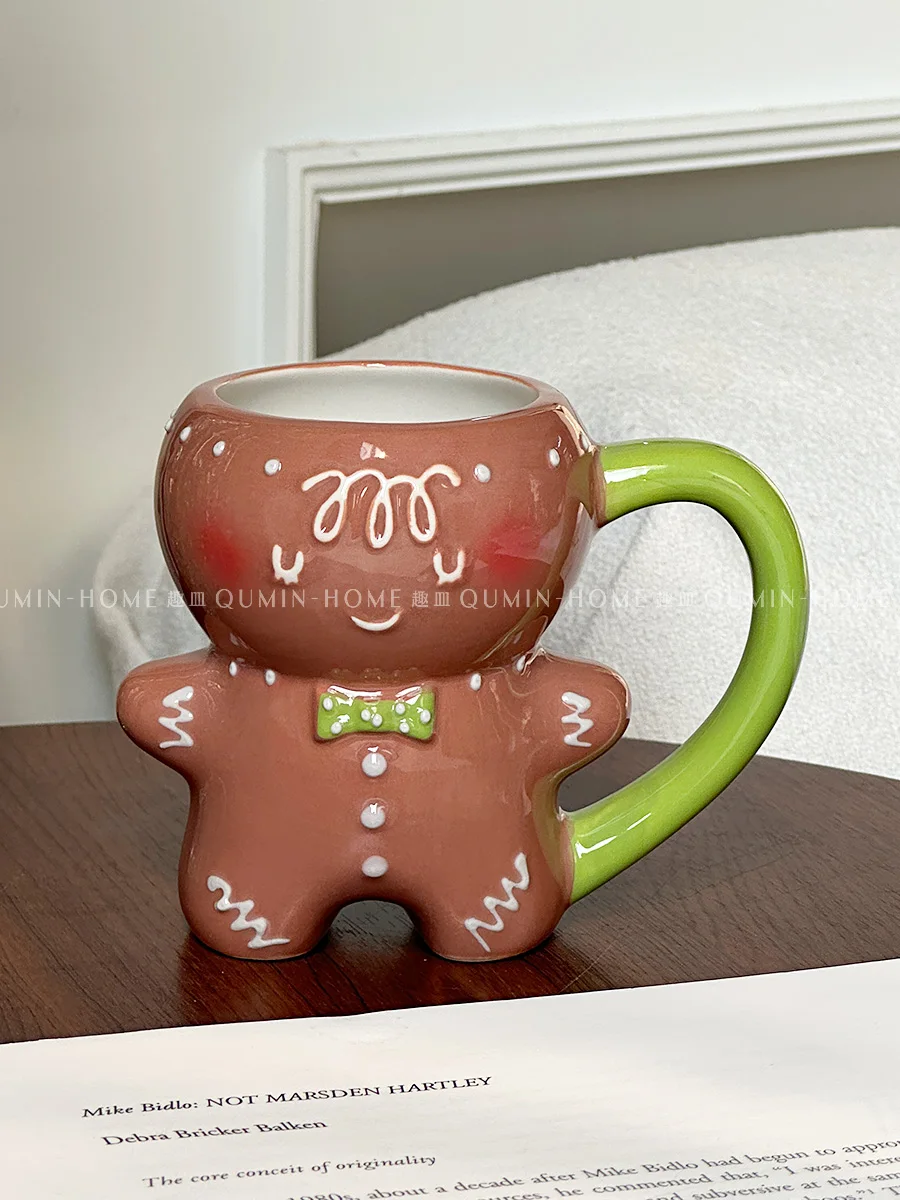 Cartoon Cute Christmas Gingerbread man Ceramic Coffee Cup Mug Couple Ceramic Water Cup Teacup Juice Drink Mug Small Gift