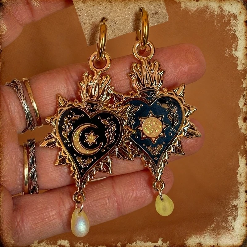 Vintage Heart Earrings Gold Color Huggie Hoop Sun Moon Enamel Dangle Earrings Boho Witchy Jewelry with Teardrop Charm for Women