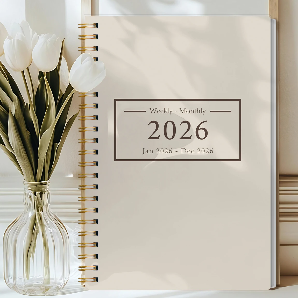 مخطط شهري مقاس A5 لعام 2026، غطاء بيج بسيط، جدول أعمال أكاديمي مع ملاحظات وقائمة للقيام، مثالي للإنتاجية وإدارة الوقت