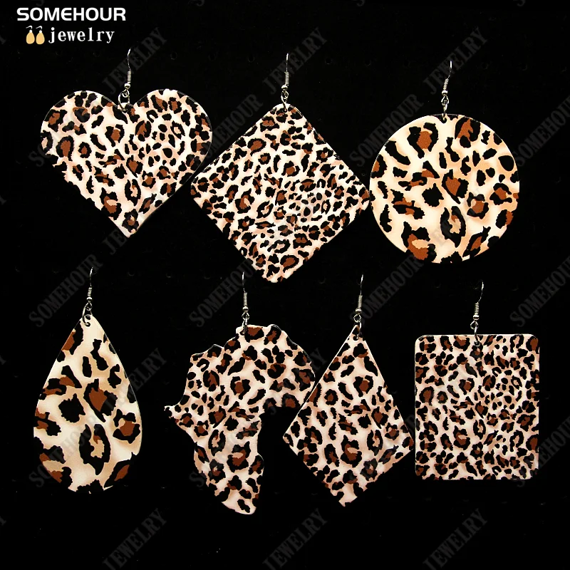 Somethour orecchini pendenti geometrici in legno con stampa leopardata alla moda per regali da donna ghepardo Zebra Animal Skin Designs ciondolo