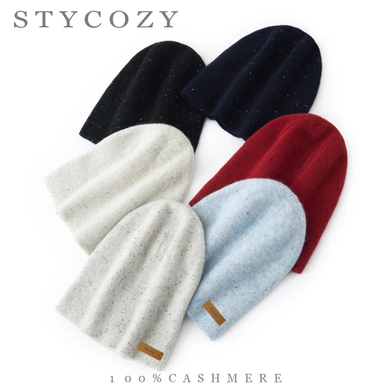 Unisex 100% Cashmere Speckled Knit Beanie Women Double Layer Slouchy Skull Hat MenSoft Warm Casual Cap for Fall Winter Outdoor