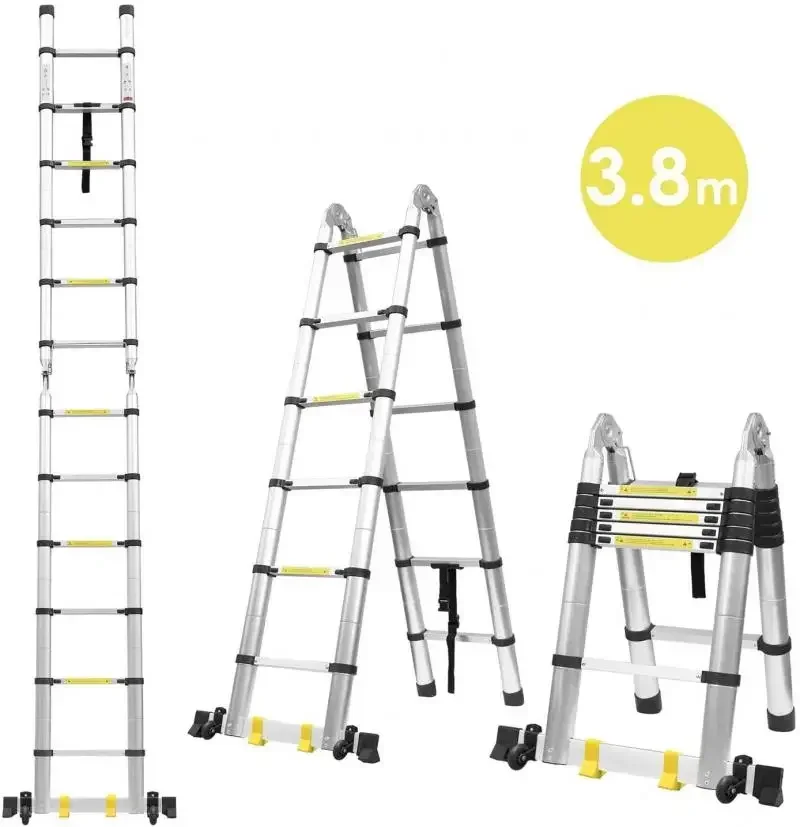 1.9M＋1.9M Foldable Telescopic Ladder Safely Extends Herringbone Ladder Space-saving Straight Ladders Thickened Aluminum Ladders