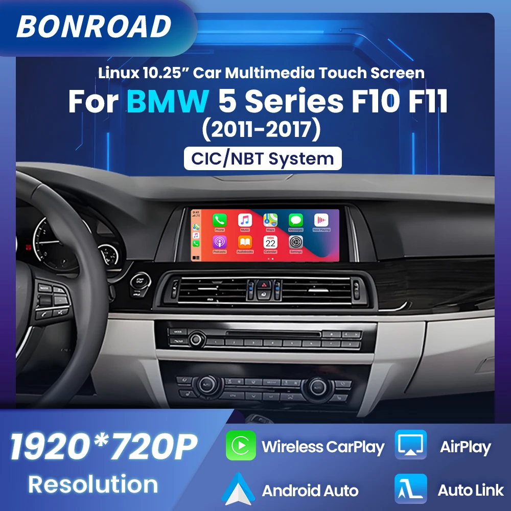 BONROAD Linux 10.25 "Wireless CarPlay Android Auto lecteur multimédia autoradio pour BMW série 5 F10 F11 Navigation écran tactile