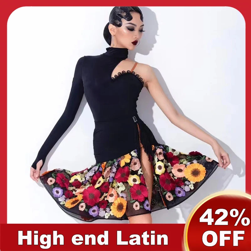 

2024 New Latin Dance Competition Clothing For Women Sexy Single Sleeved Split Skirts Suit Chacha Rumba Tango Latin Stage Dress