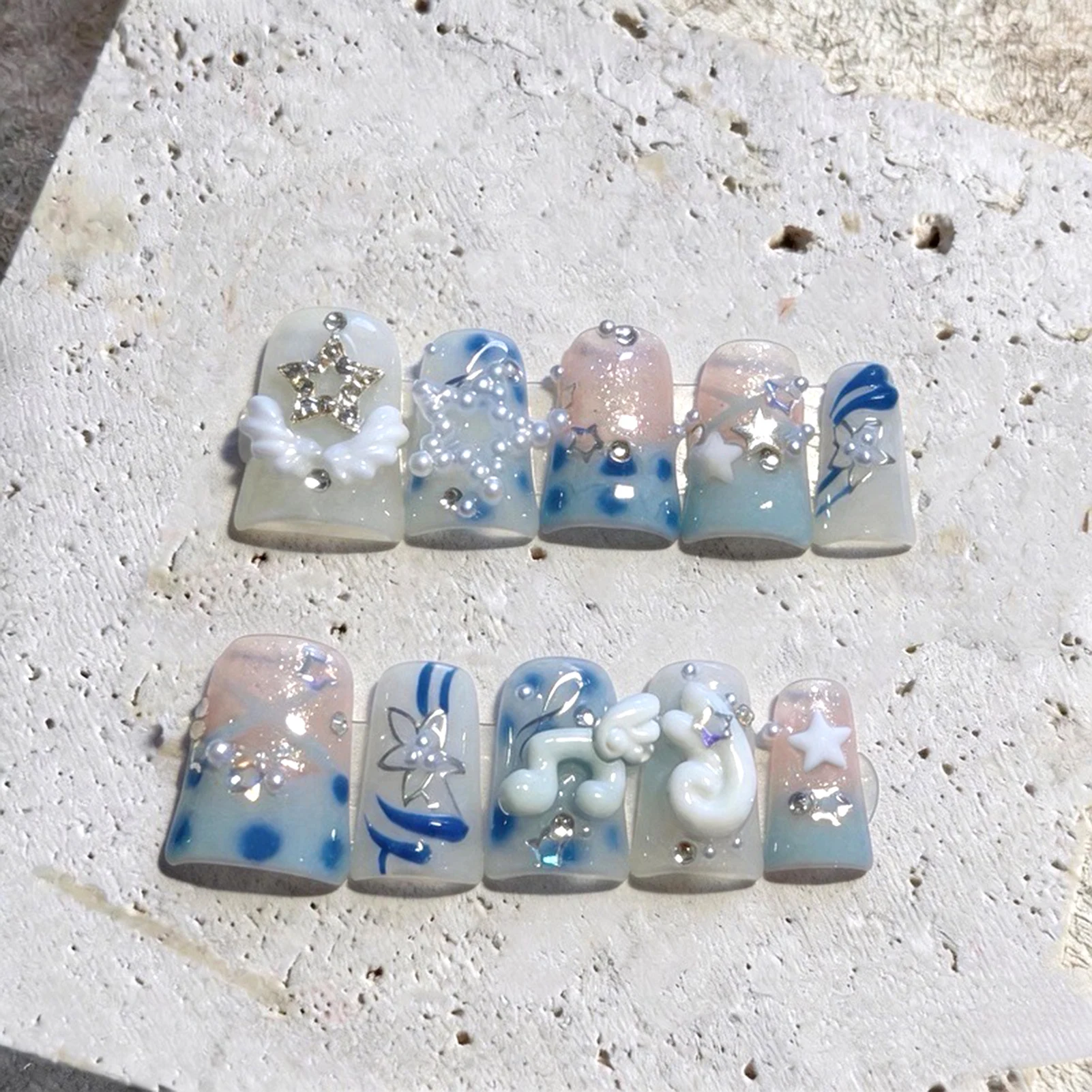 10pcs Handmade Ice Blue Duckbill False Nails 3D White Music Note Angel Wing Star Decor Press On Nails French Style Fake Nail