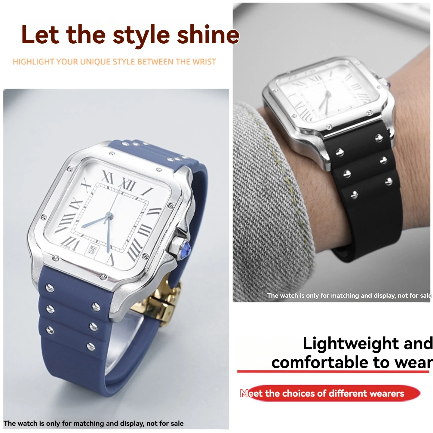 Cinturino per orologio in silicone alla moda con borchie per la serie Cartier Santos Santos cinturino speciale con fibbia pieghevole bocca piatta da 21 mm