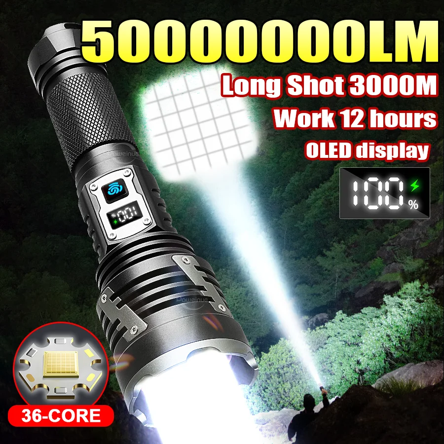 

50000000LM Most Powerful Flashlights Ultra Bright XHP360 Tactical Torch Rechargeable Torch 26650 Portable Lamp Camping Lantern