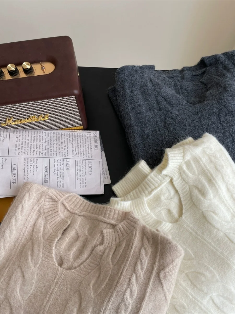 

Вязаный свитер с воротником в форме сердца, универсальный Ele Design, длинный свек, круглый Ne, обычный, тонкий, зимний сезон