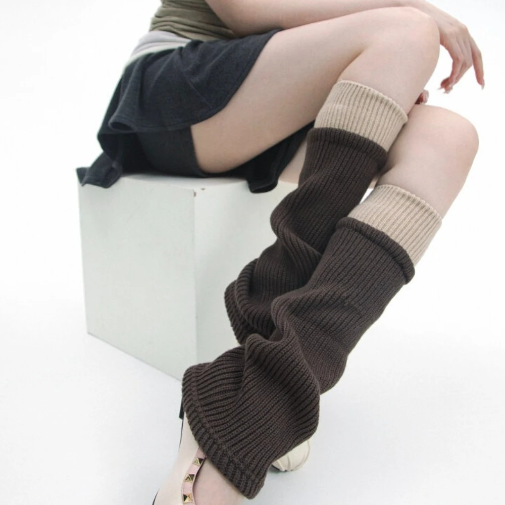 Winter New Japanese Knit Color Block Leg Warmers Ins Simple Trendy Yarn Slouch Leg Warmers Outdoor Warm Women Leg Warmers