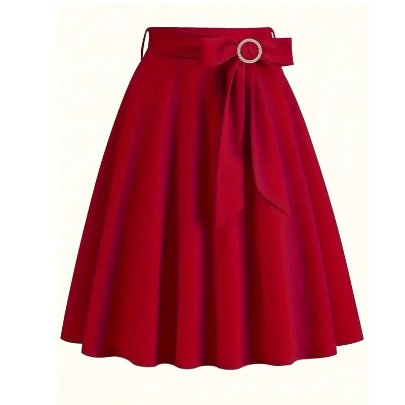 

2025 New Retro Women Bow Front A-Line Solid Red Black Skirt 50s Woman Clothing Summer High Waist Jupe Short Elegant Swing Skirts