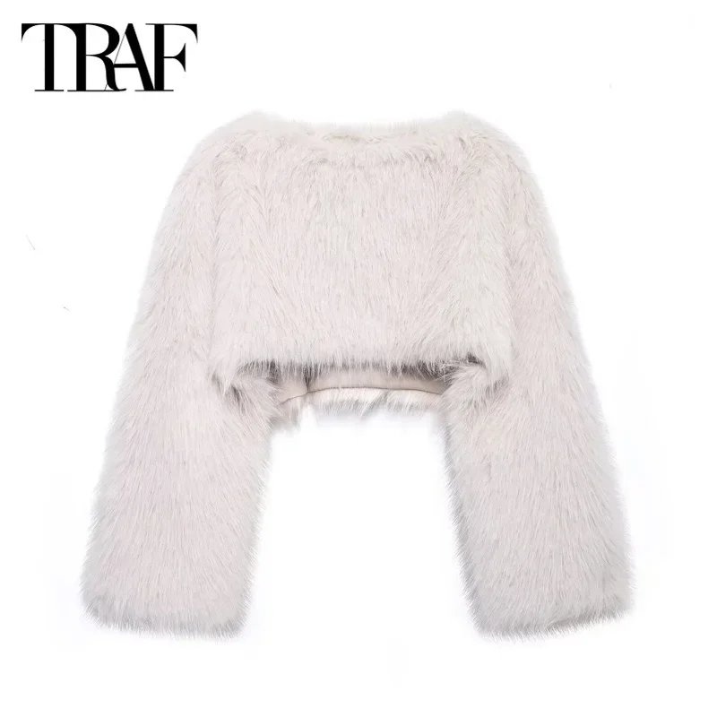 TRAF Women\'s Warm Winter Jacket Coats Cropped Faux Fur Pullovers 2024 Autumn Long Sleeve Short Fluffy Beige Black Outerwears