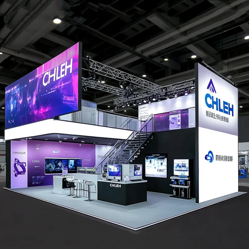 Cabine modular de duas histórias com design de suporte de exposição de luminares criativos de deck duplo personalizado para qualquer show comercial