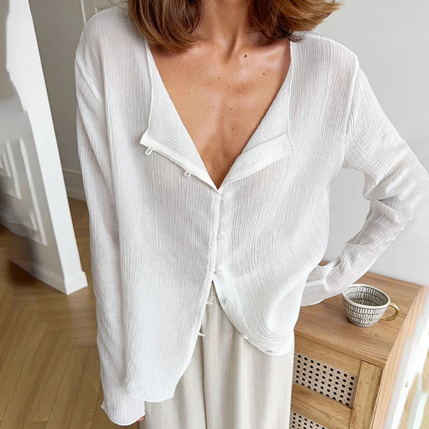 

Linad Street Chic, белые тонкие тканые рубашки, сексуальная прозрачная однобортная блузка, женские осенние повседневные топы с длинными рукавами, лето 2023 г.