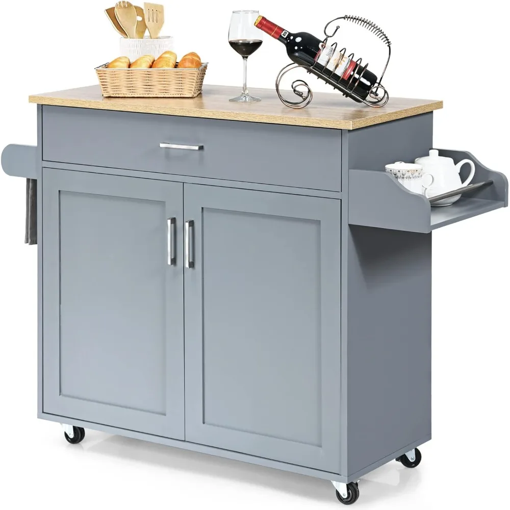 Kitchen Island Cart with Storage Cabinet on Wheels, Spice Rack Towel Rack & Drawer