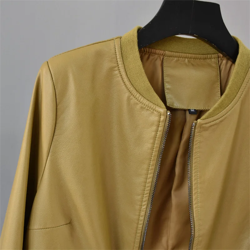 Spring Autumn Women Round Collar Big Pocket Short Faux PU Leather Jacket Yellow Black Casual Motorcycle Bomber Jacket Streetwear