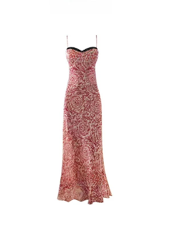 

Long Lace Trimmed Floral Print Maxi Dress Women's Slim Fit Summer Strapless Gown Polyester Fabric No Sleeve A-Line Skirt