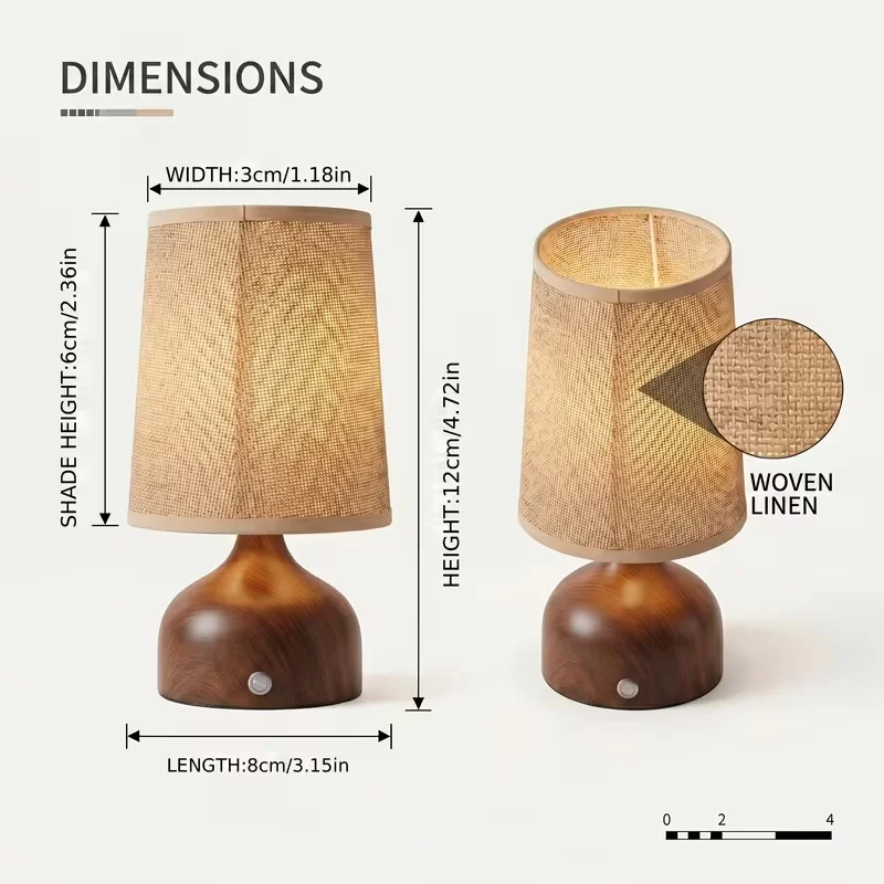 Wireless Rechargeable Wooden Table Lamp Dimmable Nightstand Light with Linen Shade 12 Hours Battery Life 3 Color Temperatures Stepless Dimming Portable Accent Lighting Unplugged Desk Light for Bedroom Living Room Office