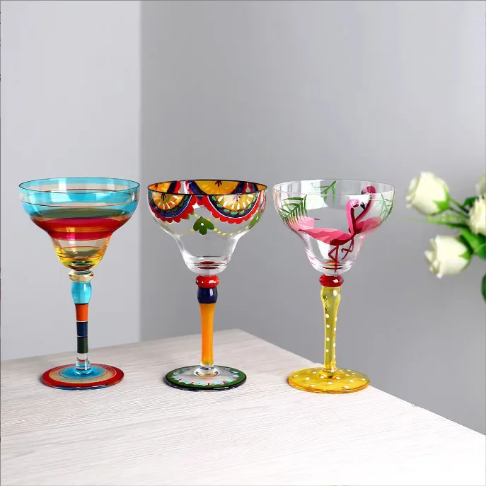 แก้วค็อกเทลถ้วยมือวาด Margarita Goblet แก้วไวน์ Creative Flamingo แก้วไวน์สีแดงลายถ้วยไวน์แดงถ้วยน้ํา