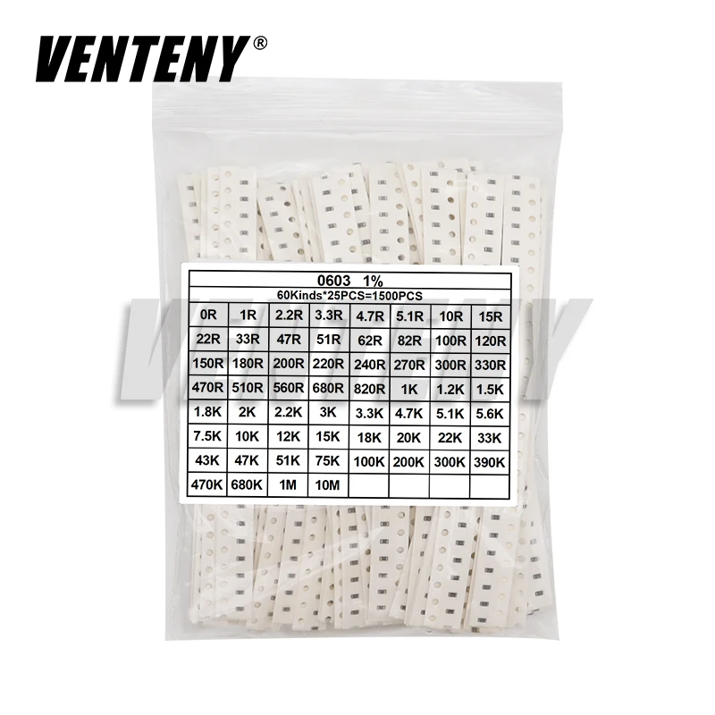 0603 0805 1206 SMD Resistor Kit Assorted Kit 1ohm-10M ohm 1% 60valuesX 25pcs=1500pcs Sample Bag