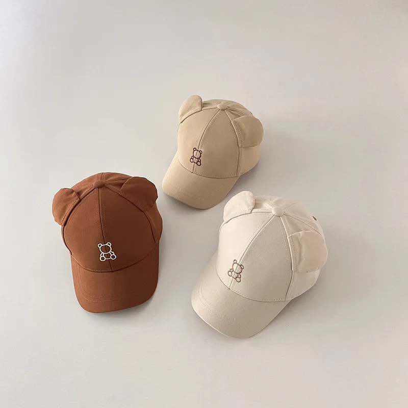 Cartoon Bear Baby Baseball Cap Cute Solid Color Toddler Sun Hat with Ears Summer Adjustable Kids Boy Girl Peaked Cap