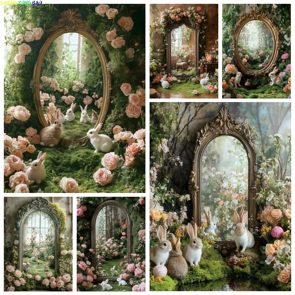 

Spring Easter Forest Rabbit Photography Backdrop Jungle Metal Arch Flower Bunny Baby Shower Kids Birthday Party Decor Background