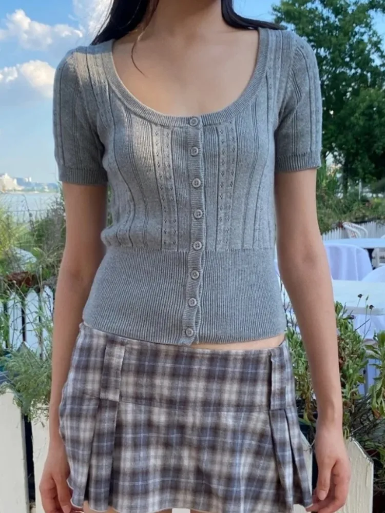 Gray Hollow Out Knitted T-shirts Women New Simple Basic Slim Cotton Short Sleeve Cardigan Tees Vintage Chic Button T-shirts Y2K