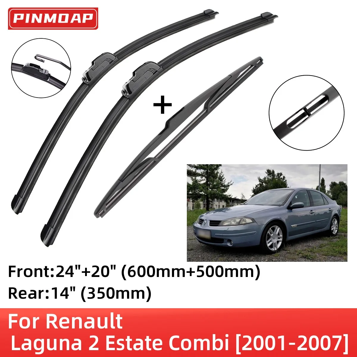 For Renault Laguna 2 Estate Combi 2001-2007 Front Rear Wiper Blades Brushes Cutter Accessories J Hook 2002 2003 2004 2005 2006