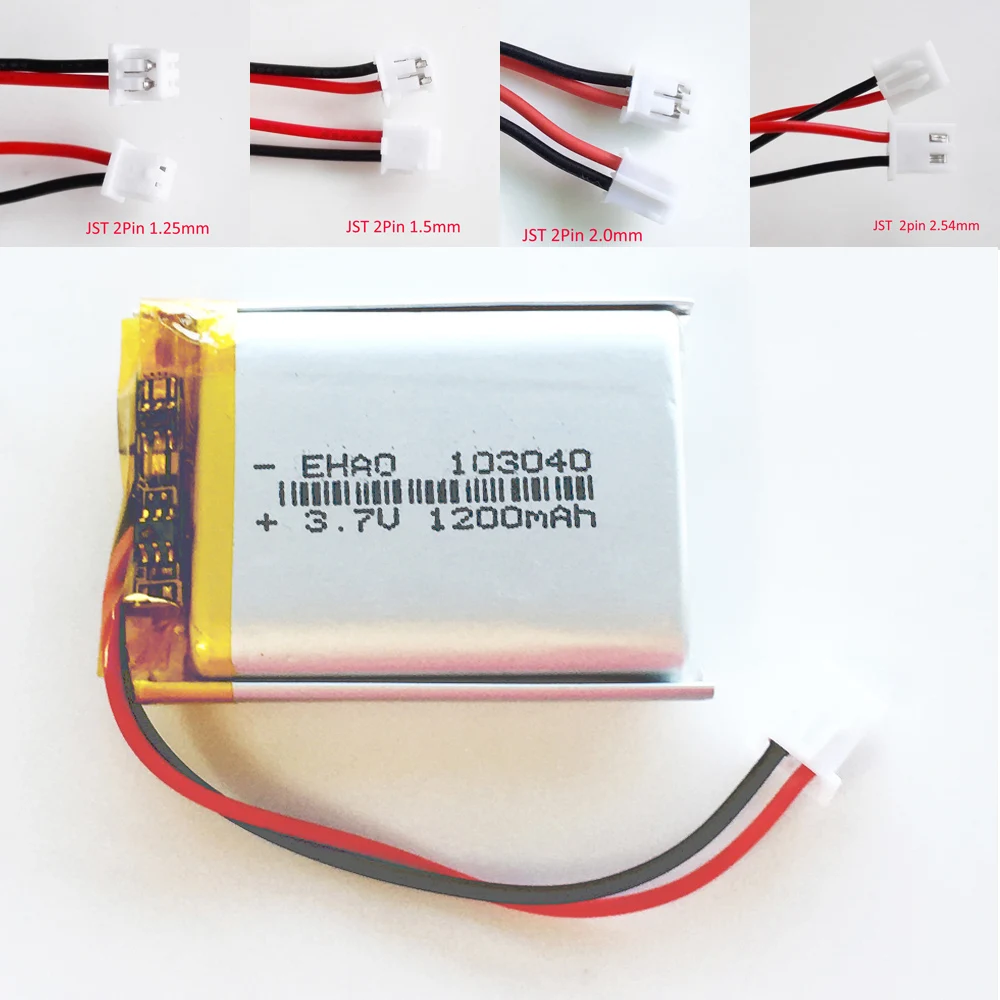 Akumulator litowo-polimerowy LiPo 3,7 V 1200 mAh 103040   + Wtyczka JST 2Pin 1,25/1,5/2,0/2,54 mm do telefonu komórkowego MP3 GPS DVD