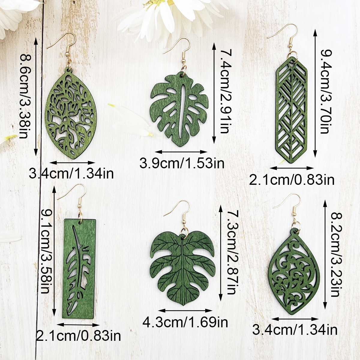 6 Pairs/Set of Green Cut Out Personalized Geometric Wood Earrings, Bohemian Creative Versatile Holiday Style Wood Earrings, Simp