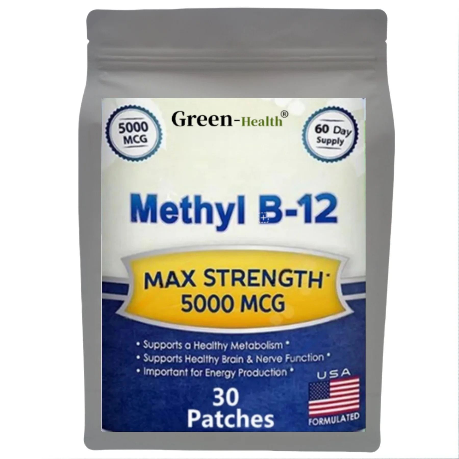 A5YE  Vitamin B12 5000 MCG Patches - Brain Heart Support, Memory Learning Boost, Natural Energy Enhancer - 30 Patches