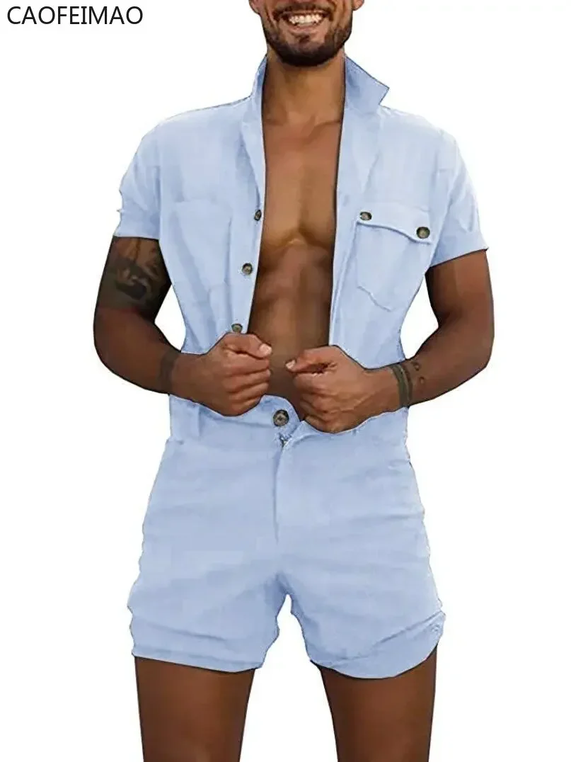 Men Jumpsuit Tight Short Sleeve Bodysuit Sexy Zipper Lapel Slim Tie-up Rompers Casual Short Pants Homewear Jumpsuit Mens Pajamas